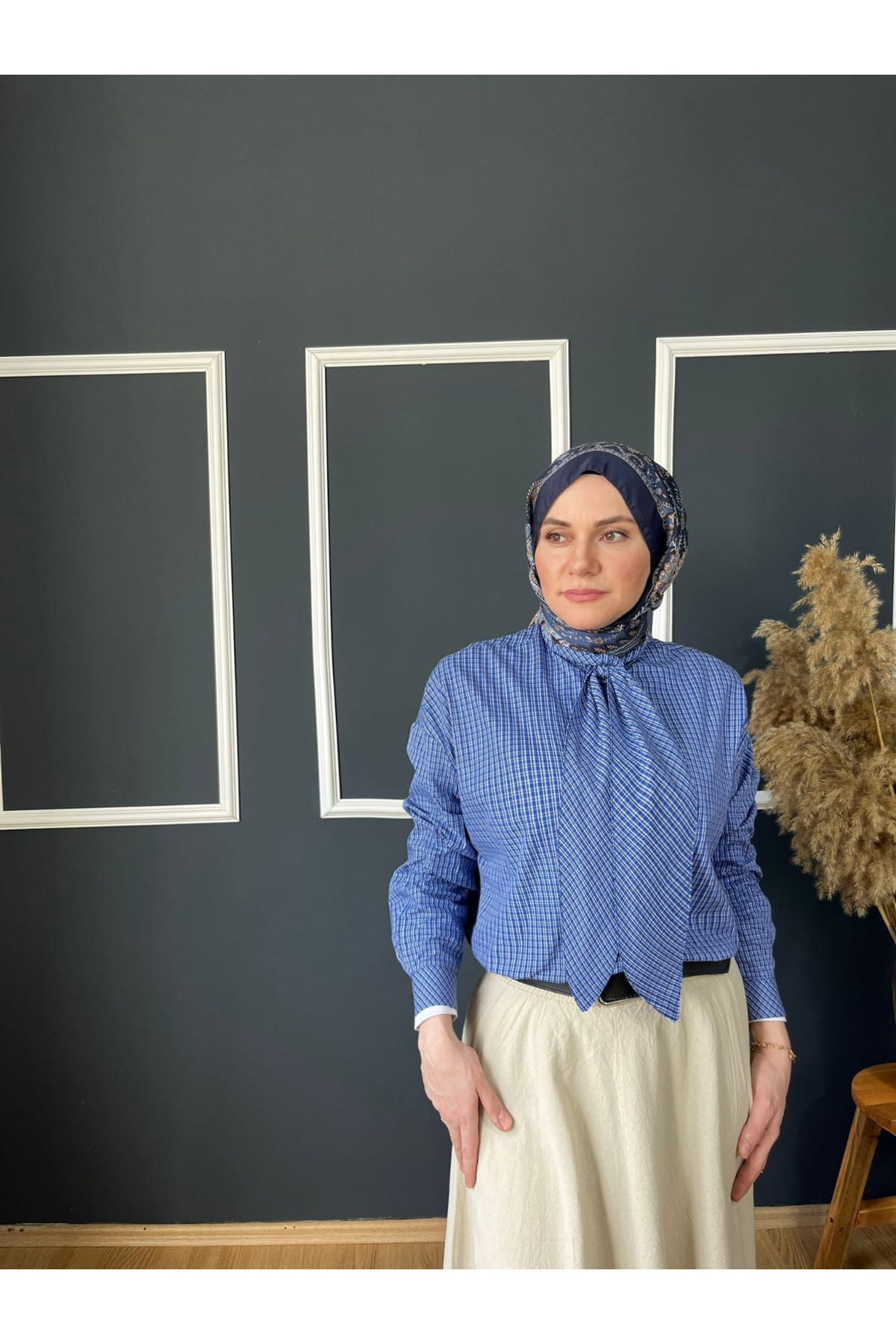 Fularlı Ekose Mavi Gömlek 