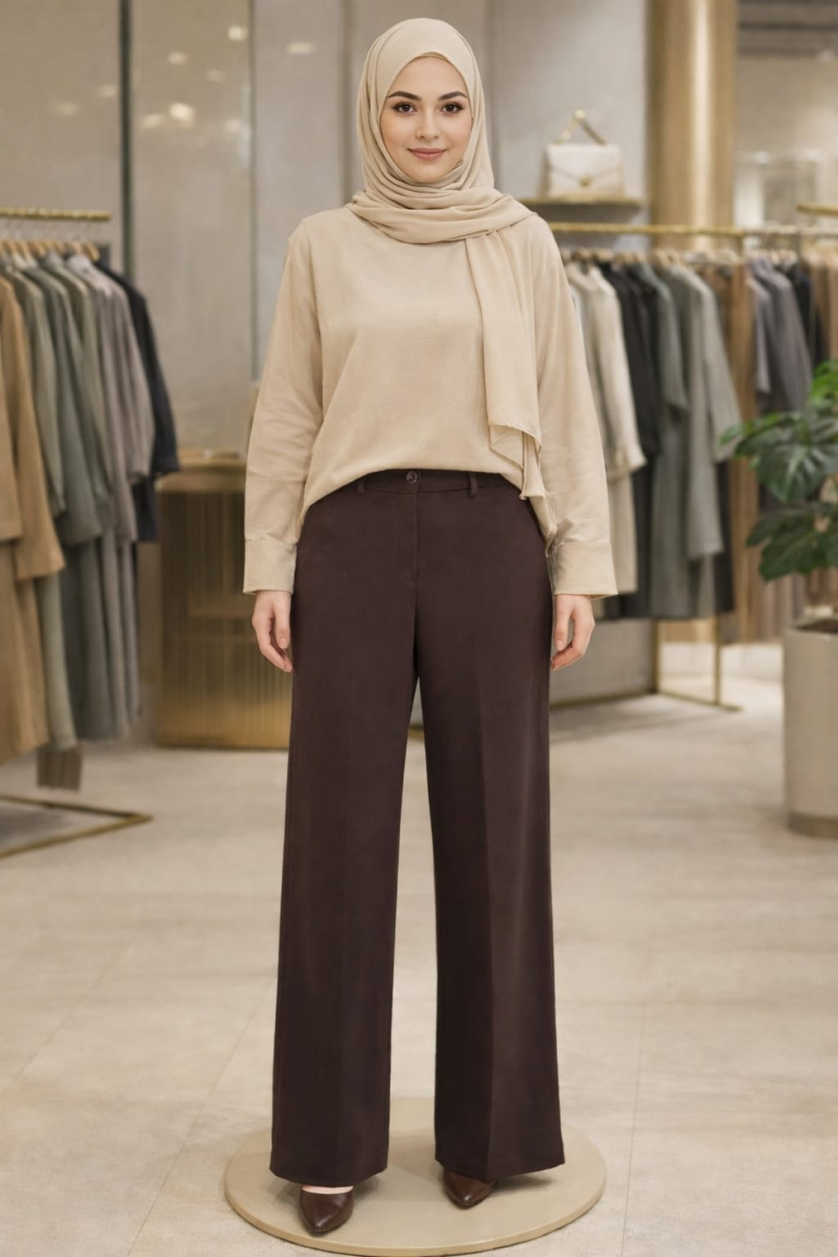 Kemerli Bol Kesim Kahverengi Palazzo Pantolon