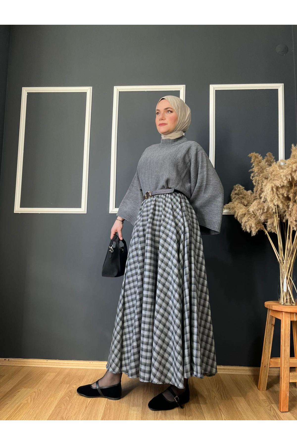 Gri Haki Desenli Ekose Kloş Etek